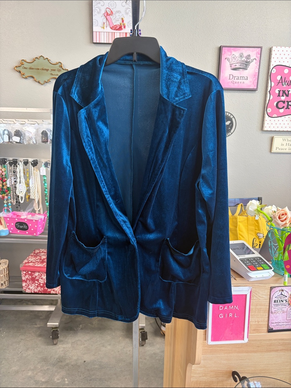Velvet Open-Front Blazer Jacket in Deep Teal Blue
